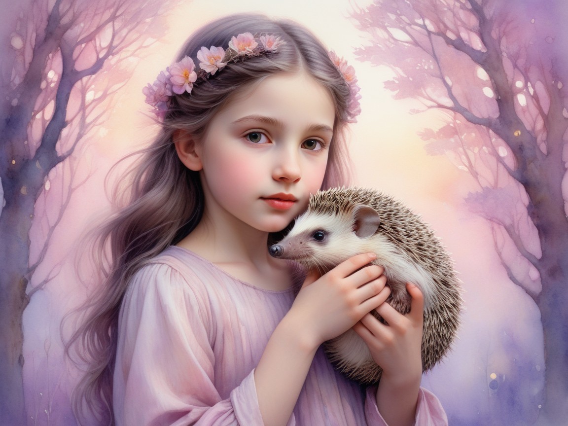 Young girl with hedgehog in a pastel forest scene