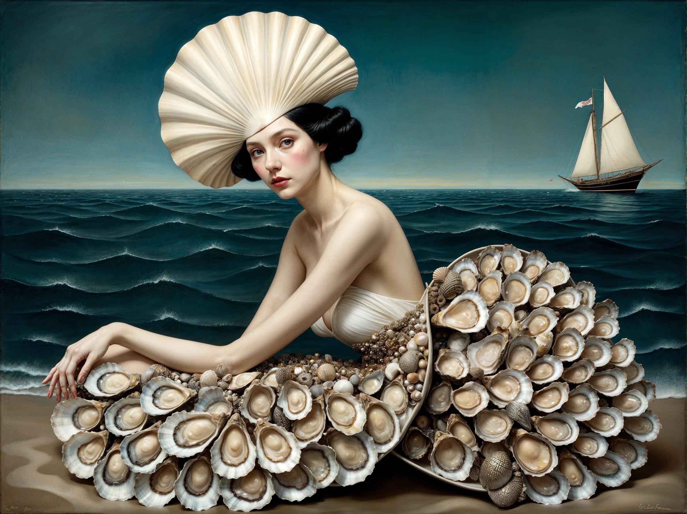 Woman in Seashell Gown at Serene Beach Scene