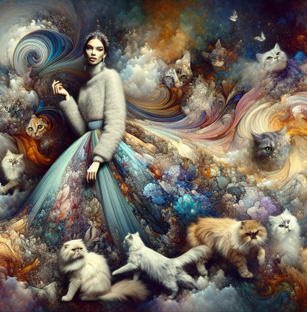 Woman in flowing outfit surrounded by whimsical cats