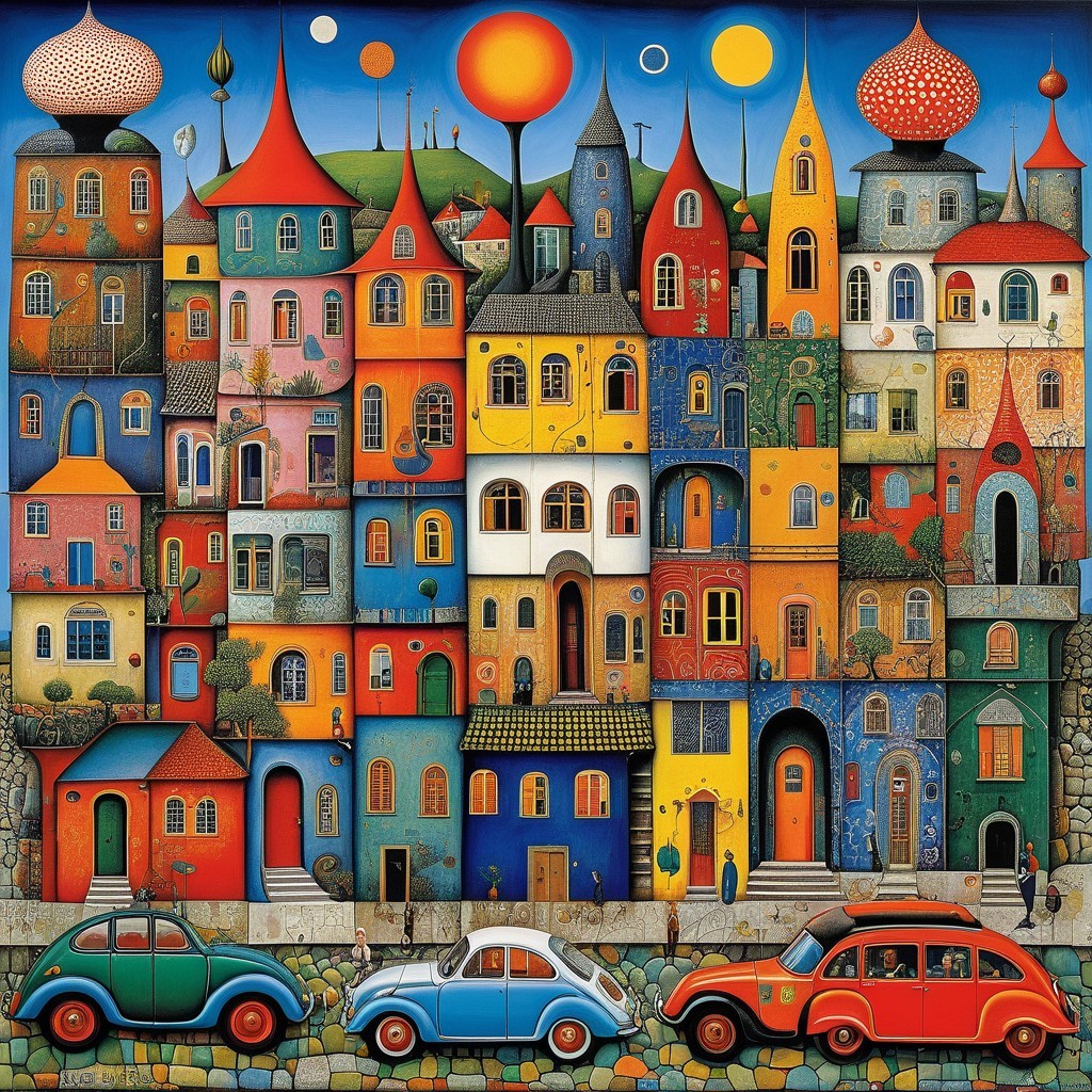 Colorful Cityscape with Unique Buildings and Vintage Cars