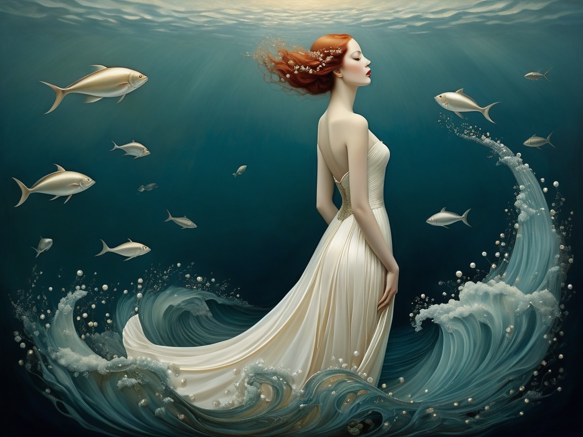 Underwater Scene with Woman in White Gown and Fish