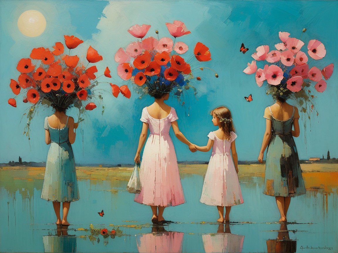 Figures by Serene Water Body in Pastel Dresses