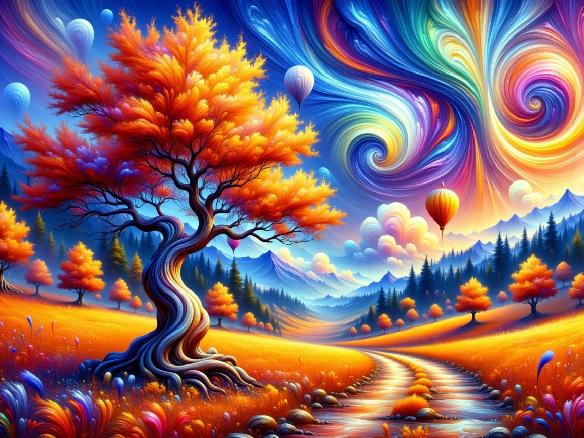 Vibrant Landscape with Twisting Tree and Balloons