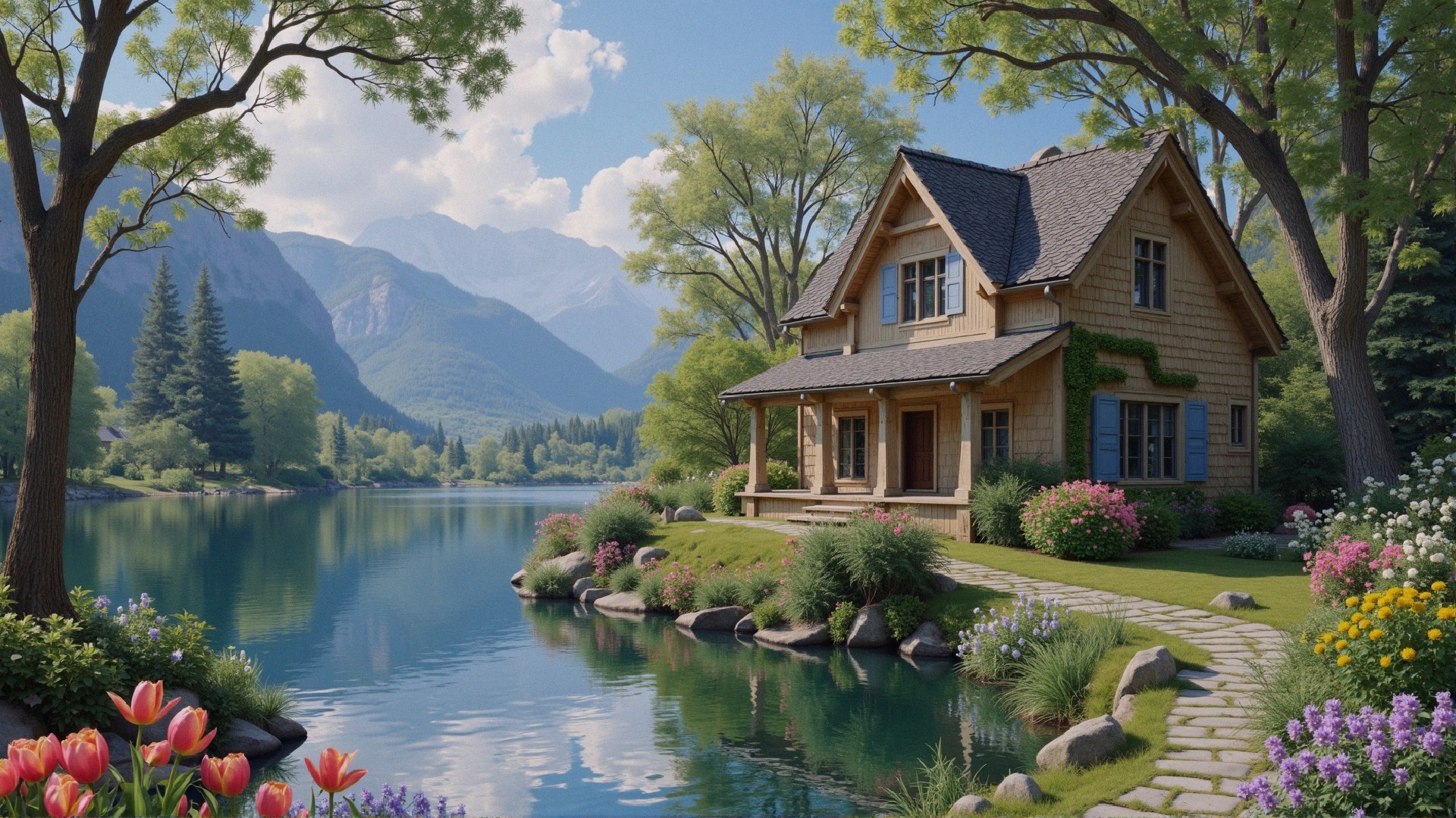 Wooden House by Tranquil Lake Surrounded by Nature