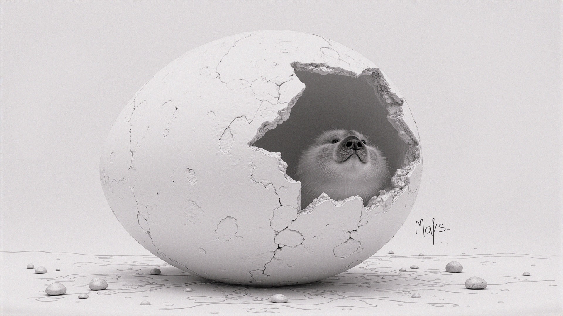 Fluffy Dog Emerging from Cracked Eggshell Scene