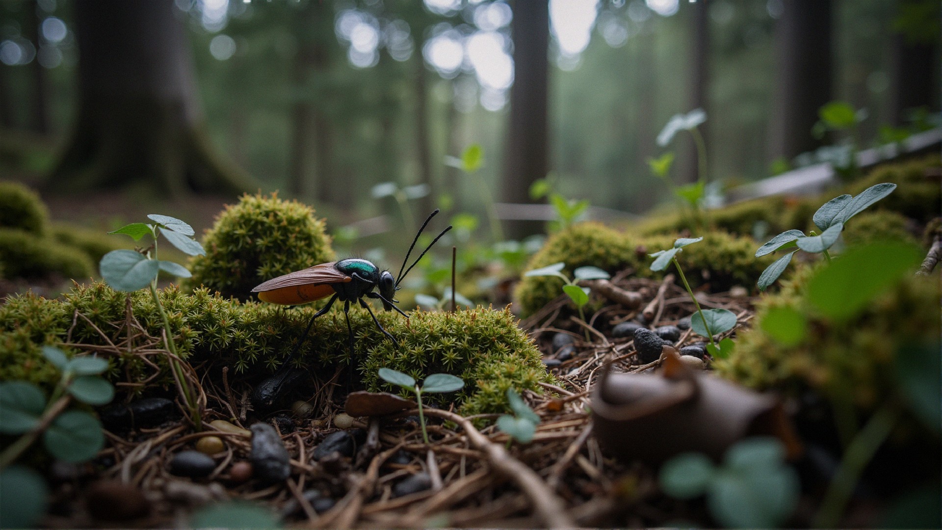 Close-up of a vibrant insect on green moss in a forest