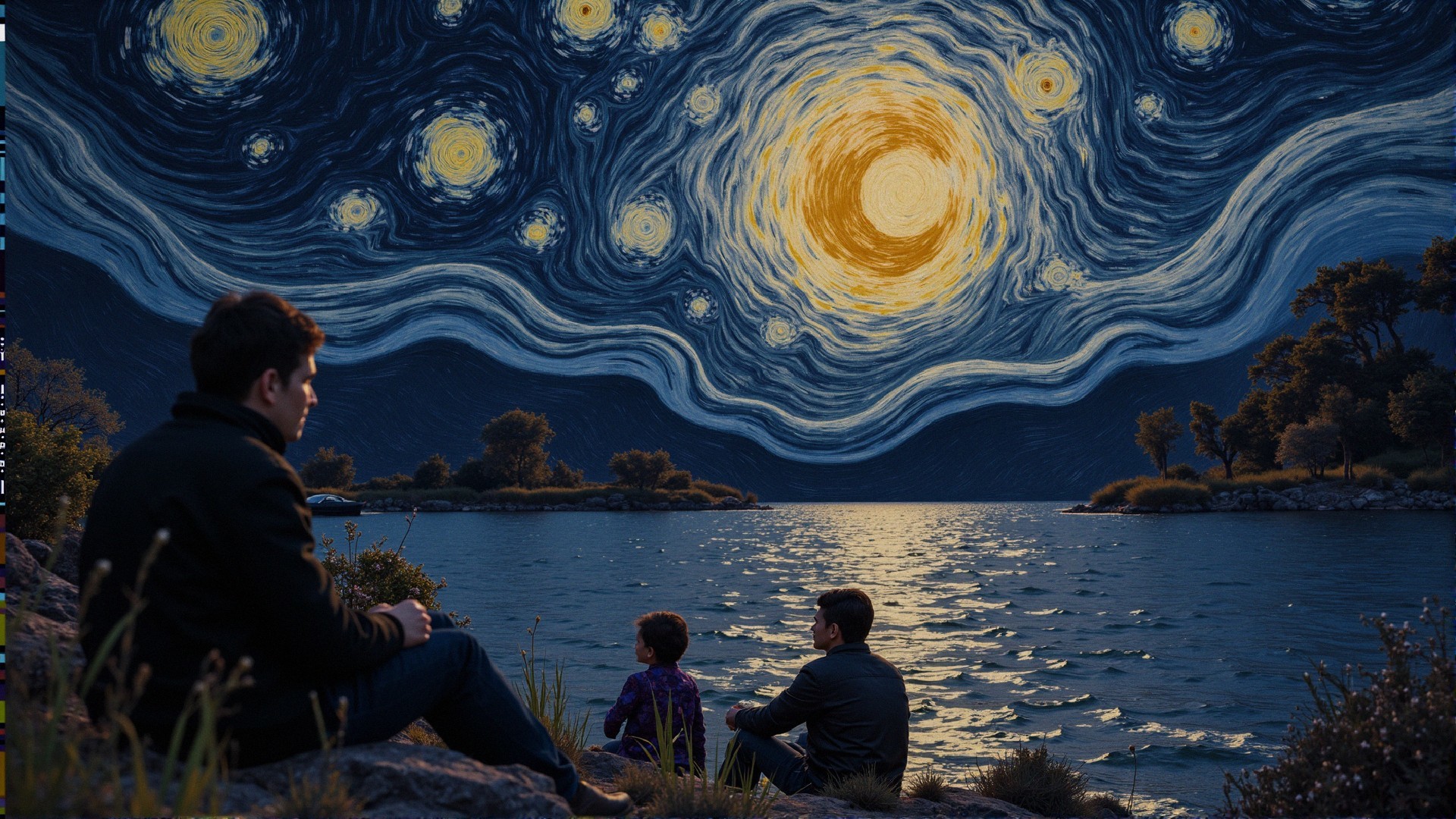 Figures by a Lake Under a Starry Sky Reflection