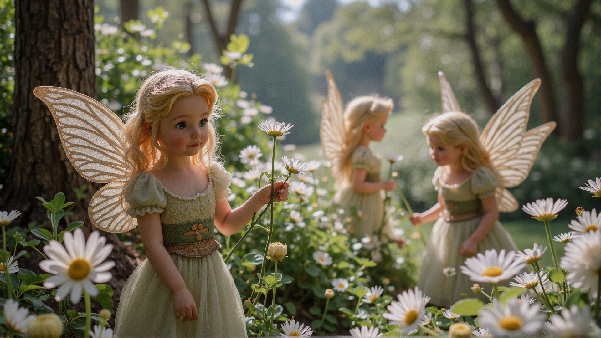 Enchanting Dolls in a Tranquil Garden of Daisies