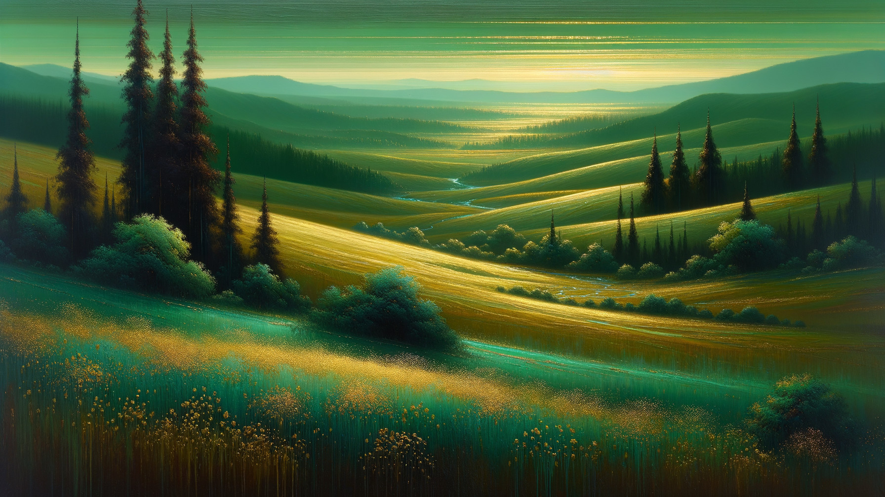Serene Landscape of Rolling Hills and Evergreen Trees