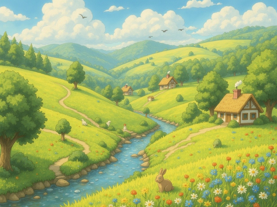 Serene Countryside Landscape with Rolling Hills and Stream