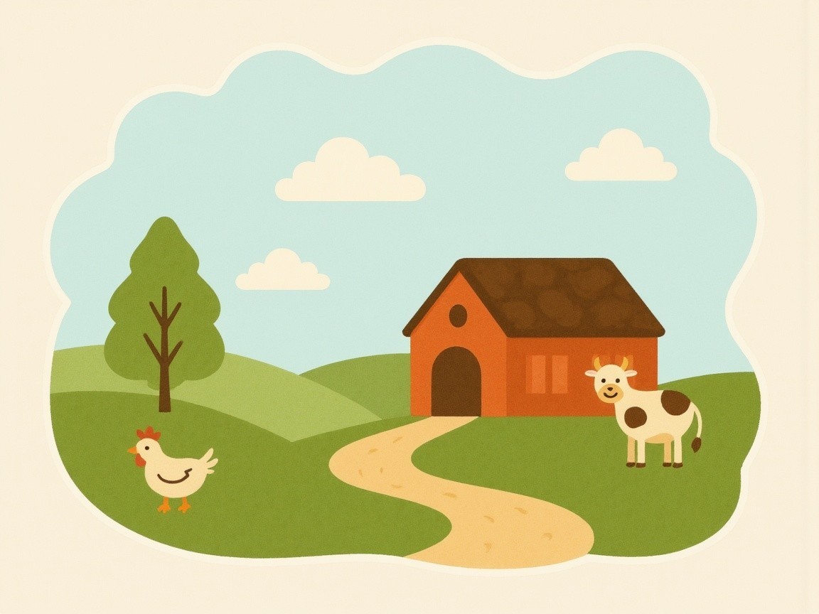 Charming Cartoon Landscape with Farmhouse and Animals