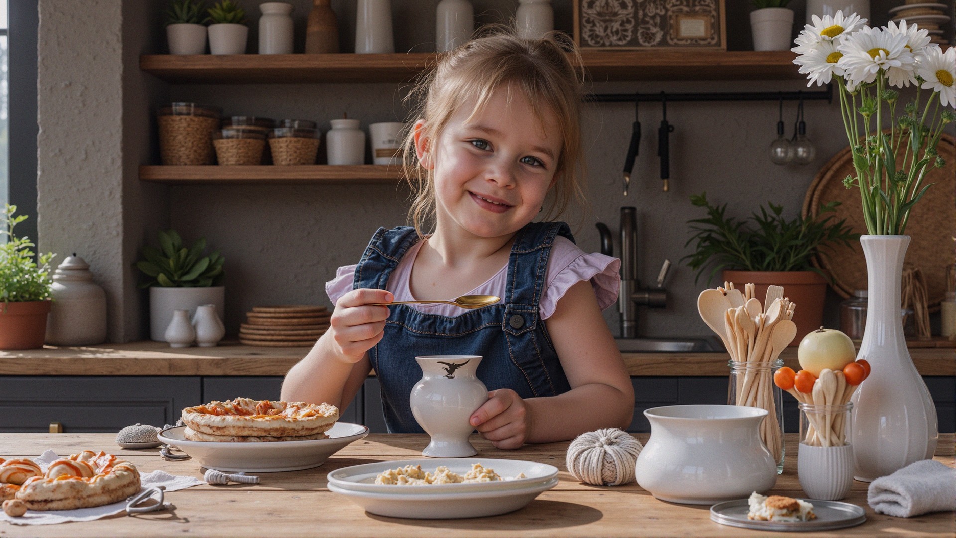 Cheerful girl at rustic table with dessert dishes