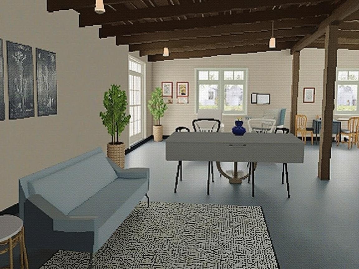 Modern Interior with Light Blue Sofa and Dining Area