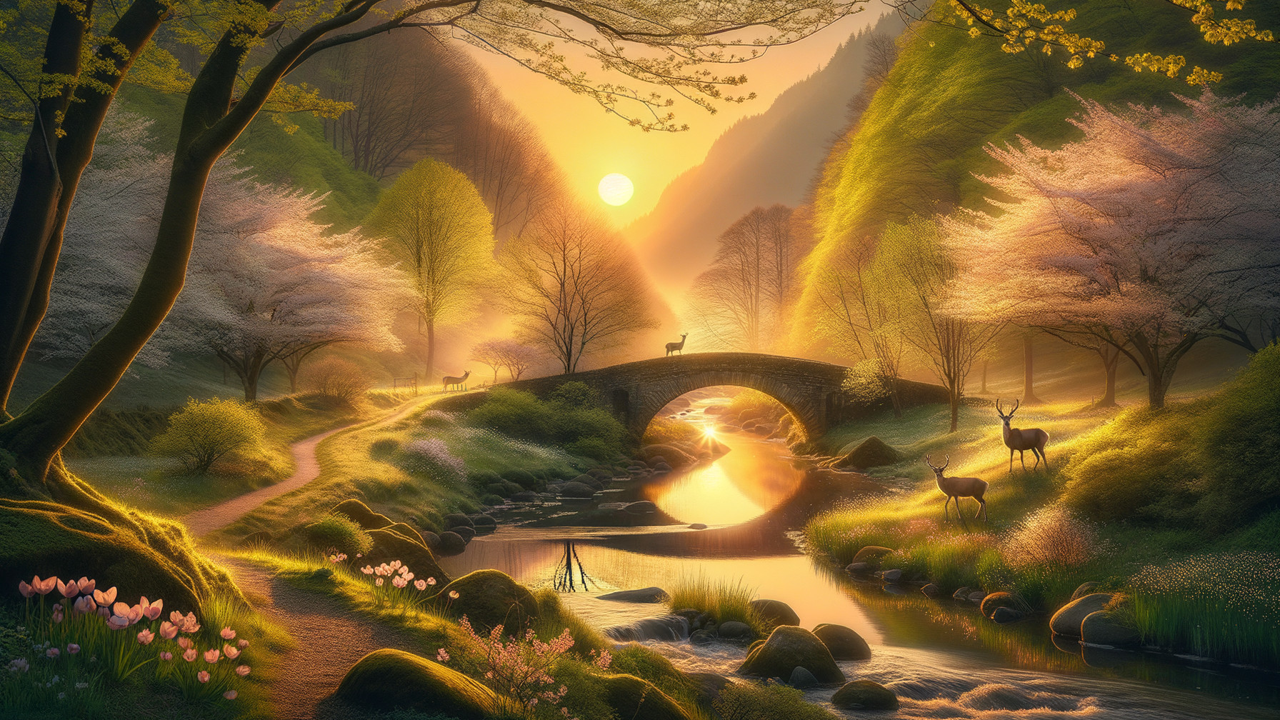 Serene Sunset Landscape with River and Cherry Blossoms