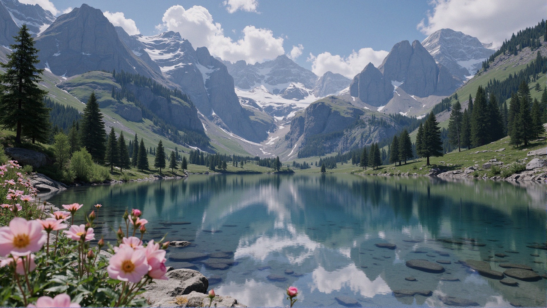 Serene Mountain Landscape with Clear Lake and Flowers