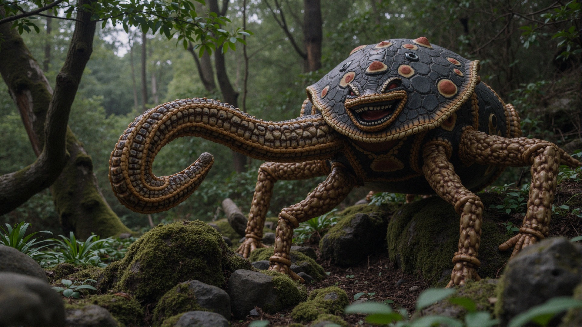 Fantastical creature with armor-like shell in forest