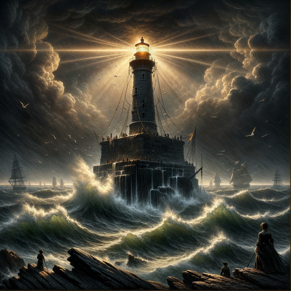 Dramatic Lighthouse Amidst Turbulent Sea and Stormy Skies