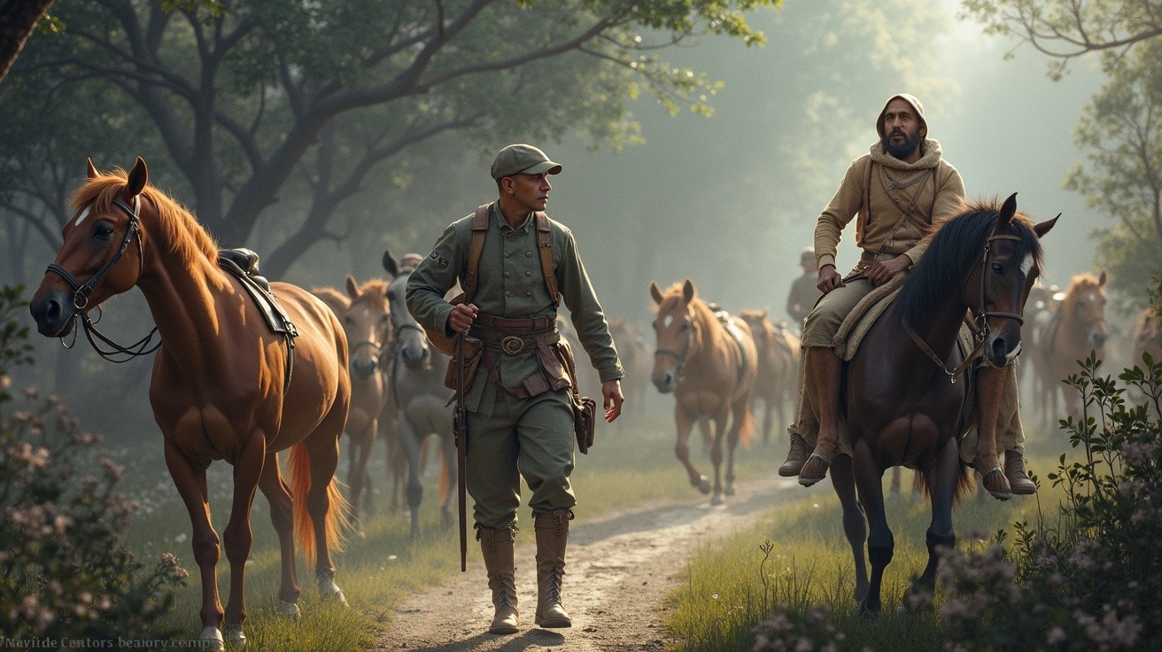 Misty Forest Scene with Soldier and Mounted Figure