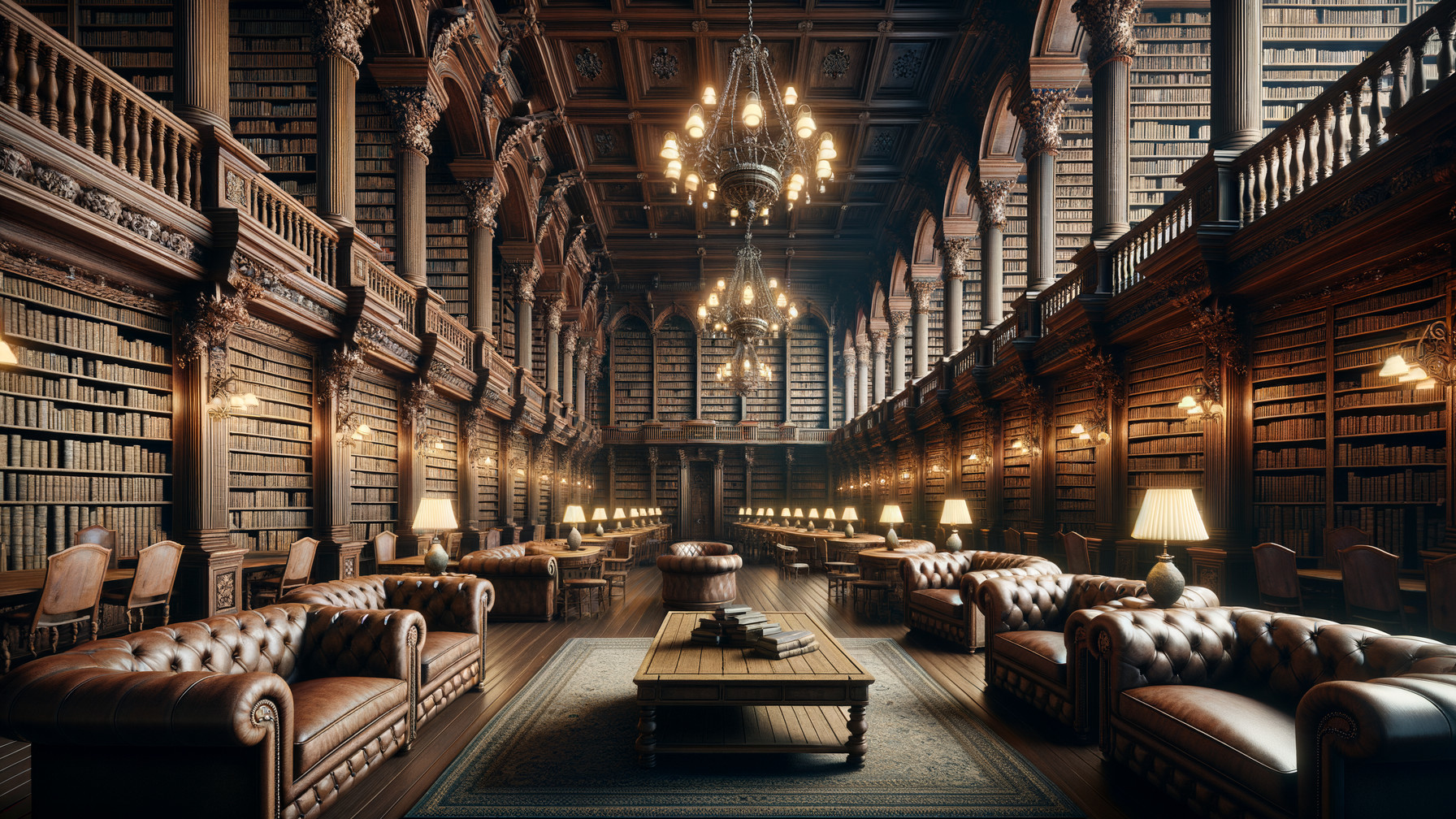 Opulent library with towering bookshelves and chandeliers
