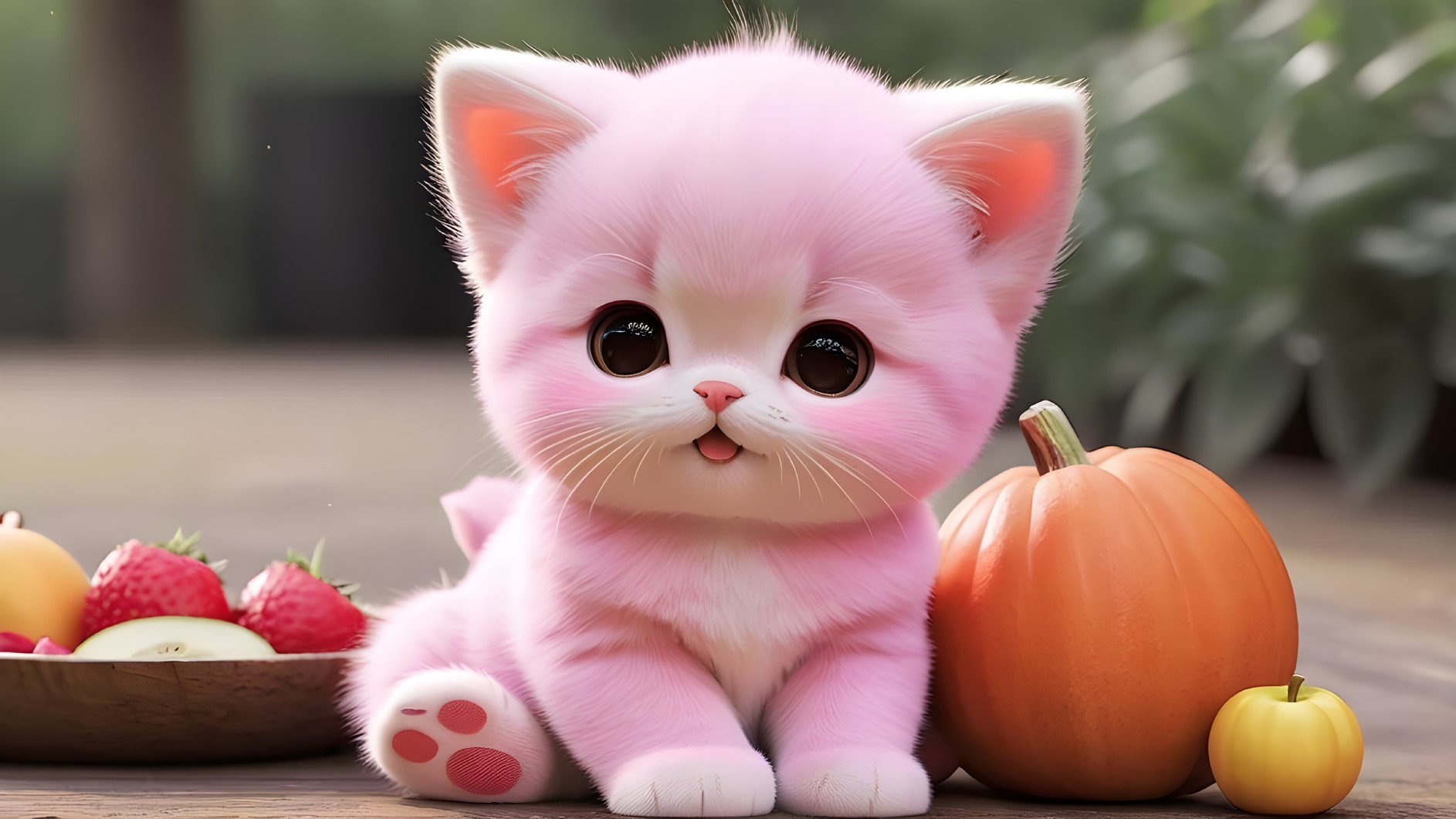Fluffy Pink Kitten Surrounded by Strawberries and Pumpkin