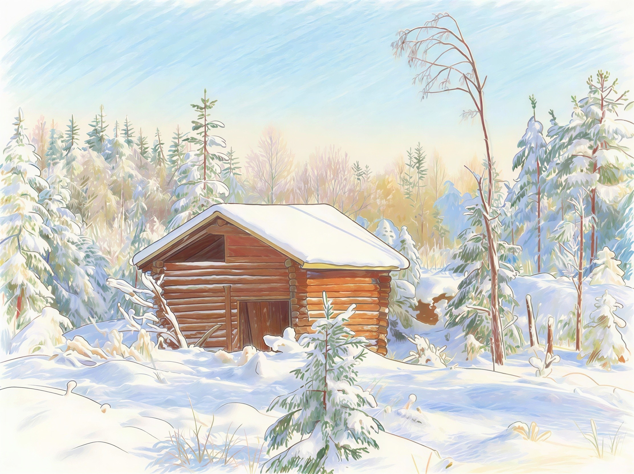 Digital Painting of a Log Cabin in a Snowy Forest