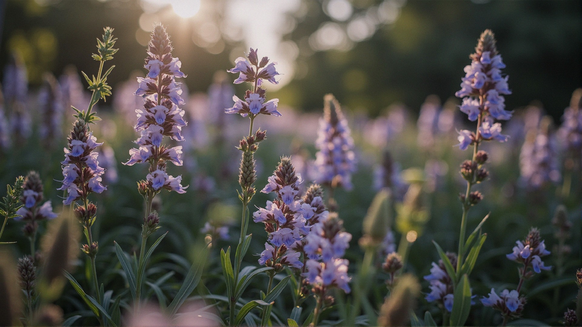 Serene Field of Delicate Purple Flowers in Sunlight