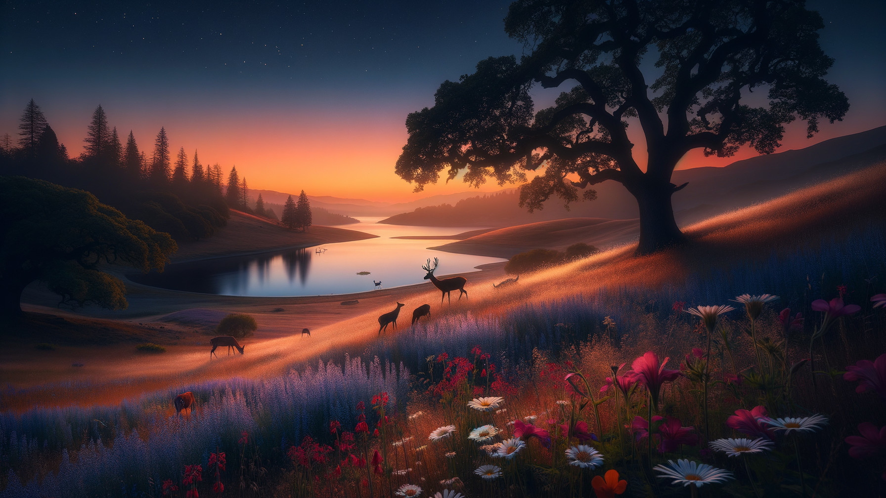Tranquil Dusk Landscape with Lake and Wildlife