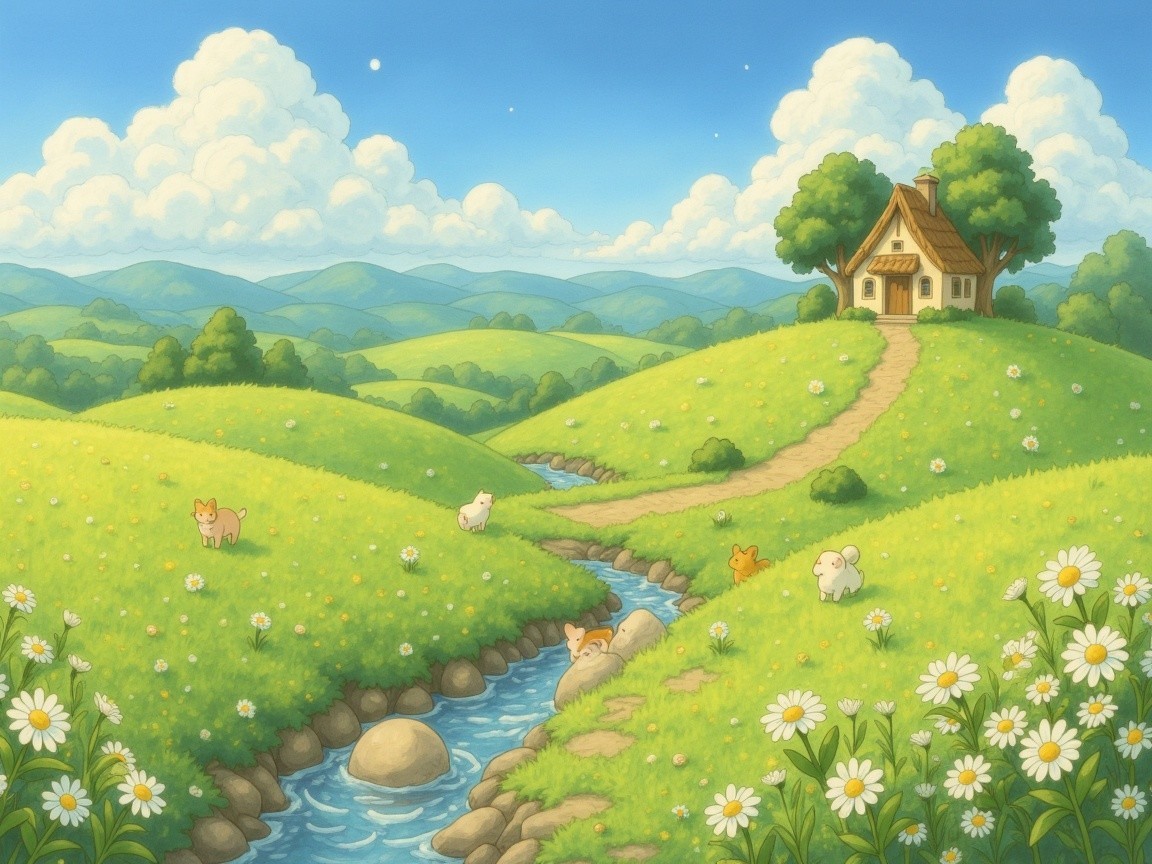 Charming Countryside Scene with Hills and Cottage