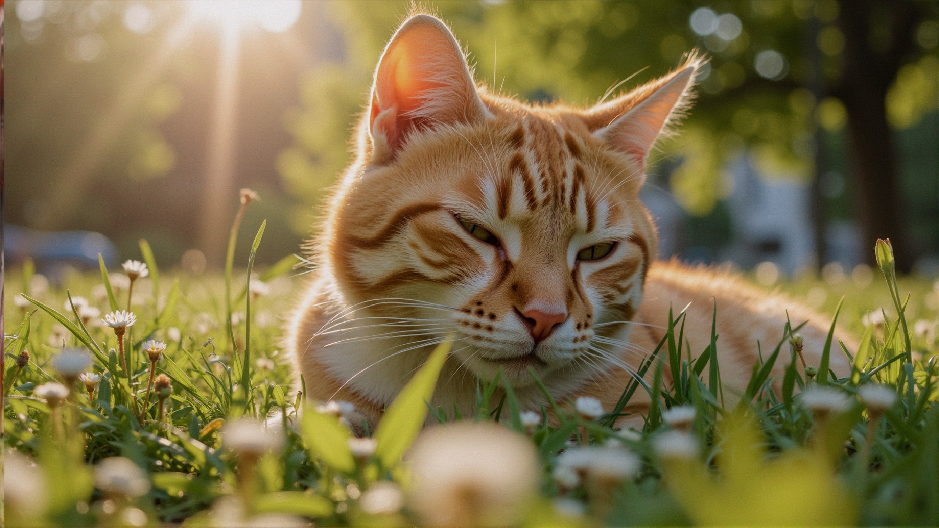Orange Tabby Cat in Sunlit Grassy Field