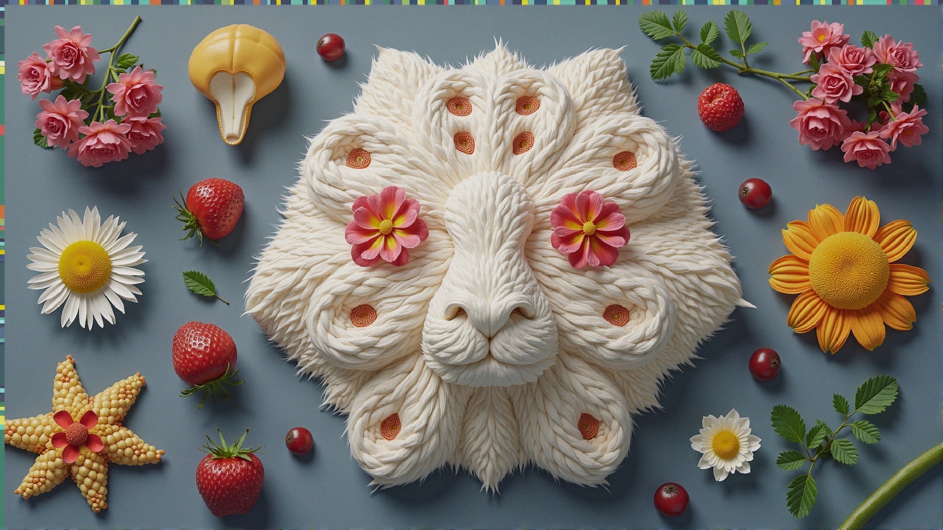 Vibrant Lion Face Arrangement with Edible Flowers and Fruits