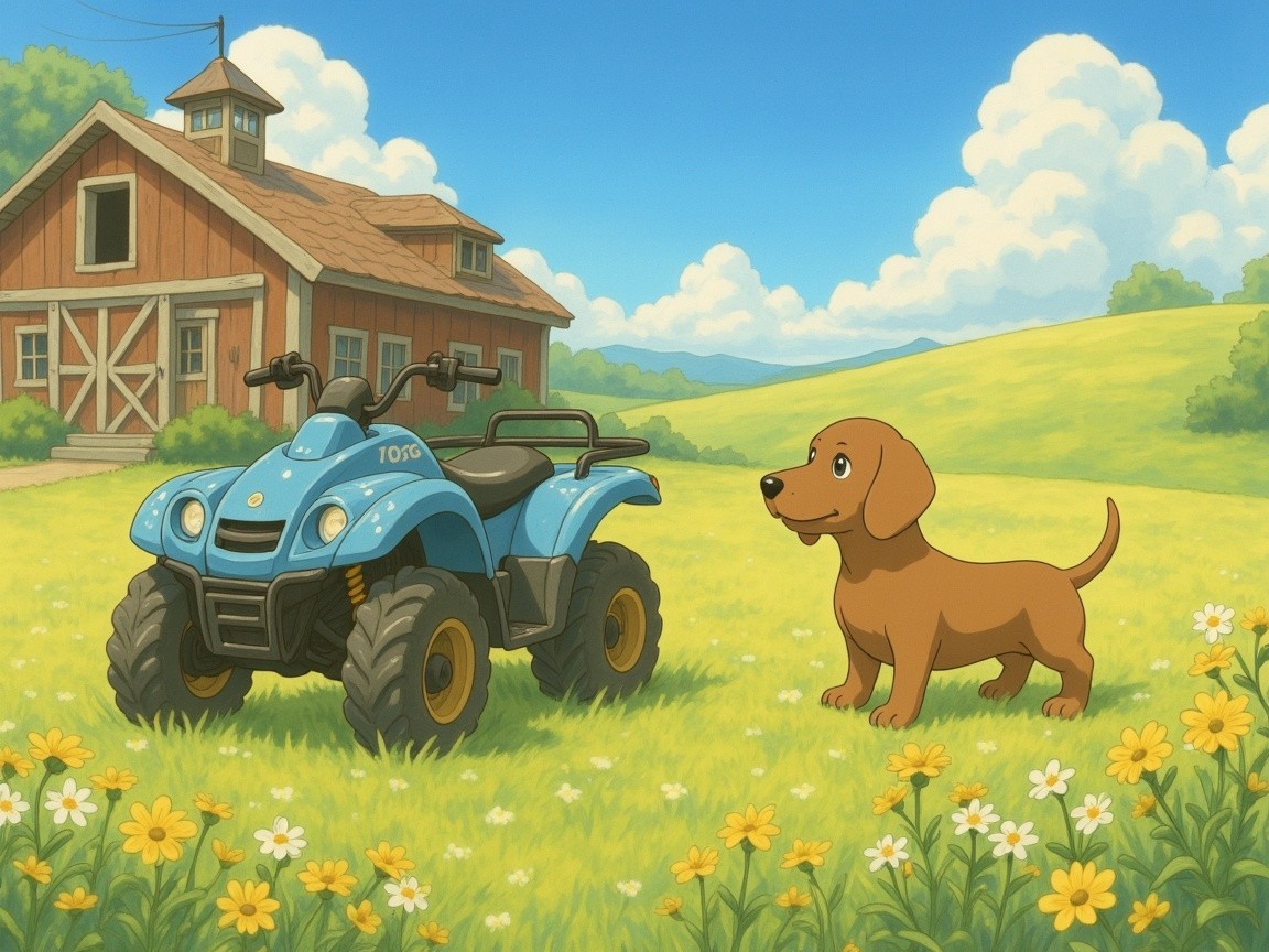 Blue All-Terrain Vehicle in Flower-Filled Countryside