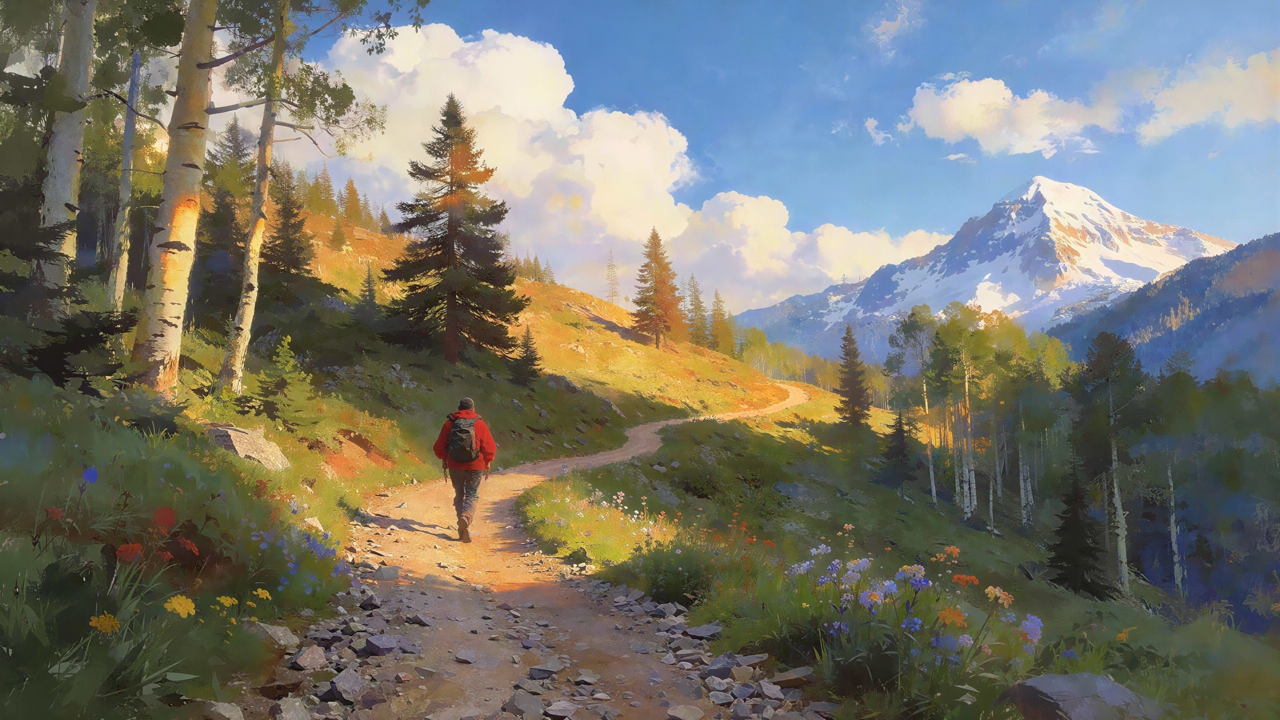 Hiker on a Dirt Path in an Aspen Forest Landscape
