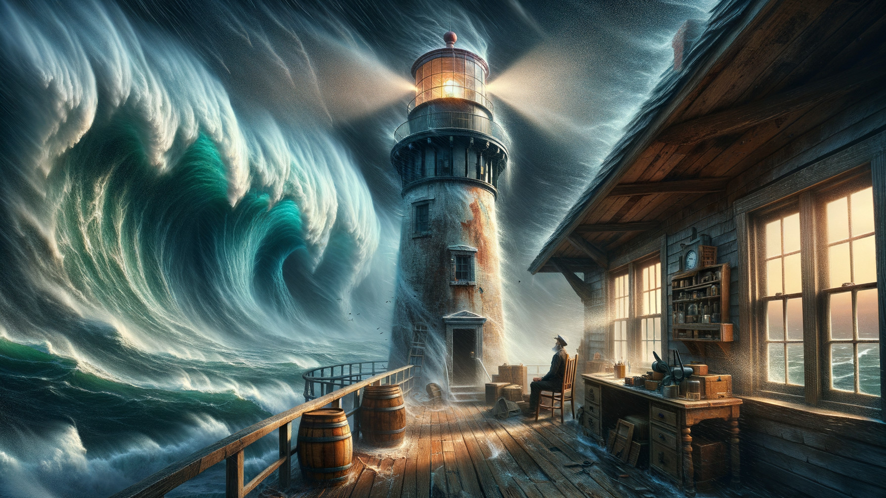 Lighthouse Resilience Amidst Towering Storm Waves