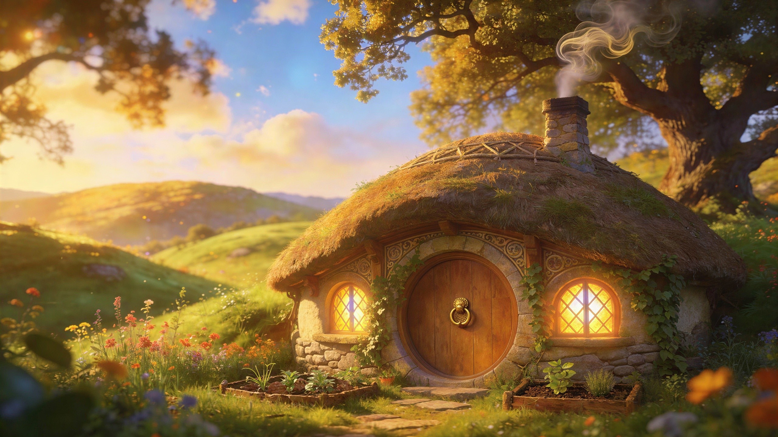 Hobbit Hole Surrounded by Lush Greenery and Flowers
