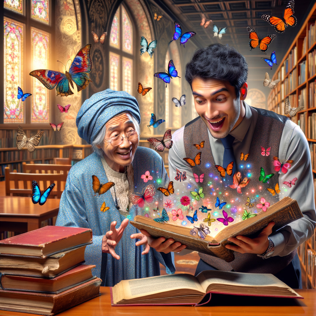 Elderly Woman and Young Man in Stained Glass Library