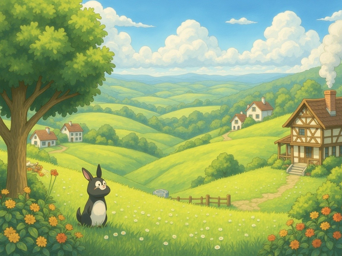 Serene Countryside Scene with Cartoonish Cat and Cottages