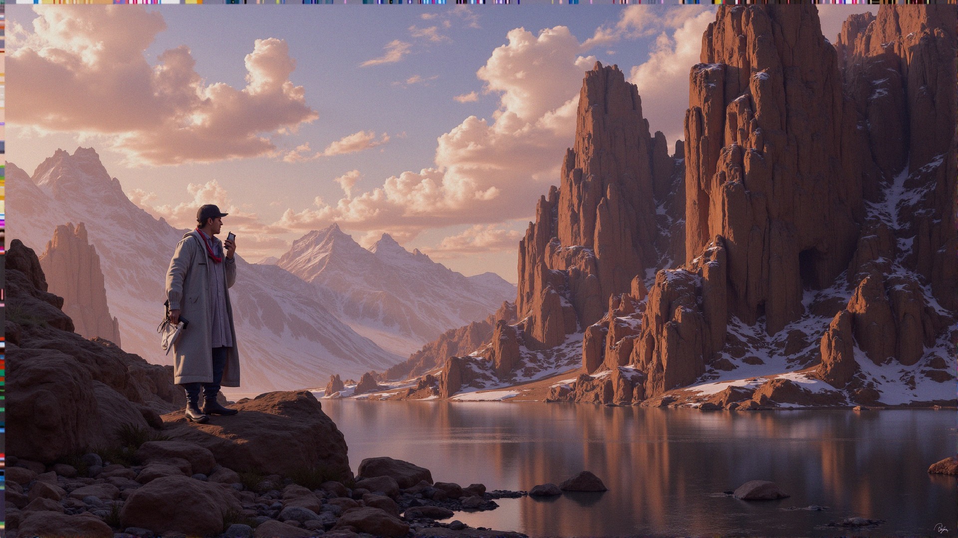 Lone Figure by Tranquil Lake with Majestic Mountains