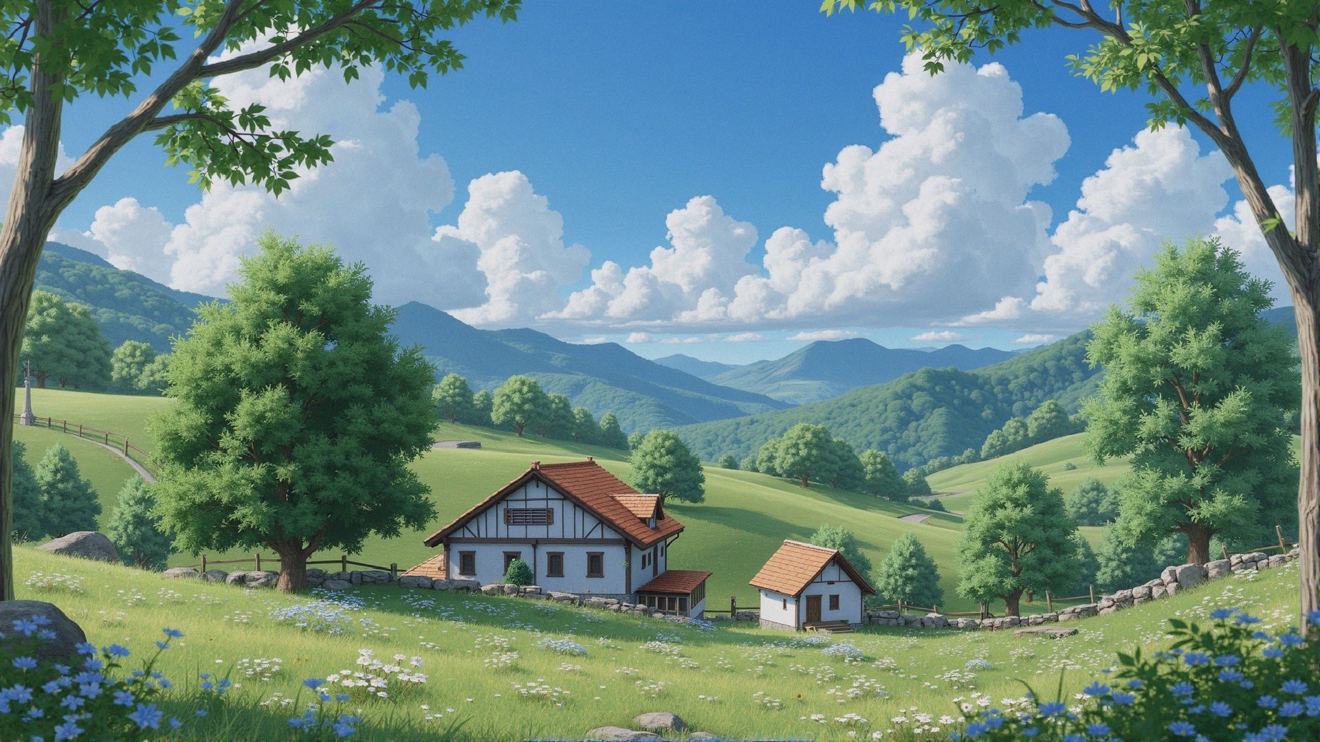 Tranquil Countryside Landscape with Houses and Hills