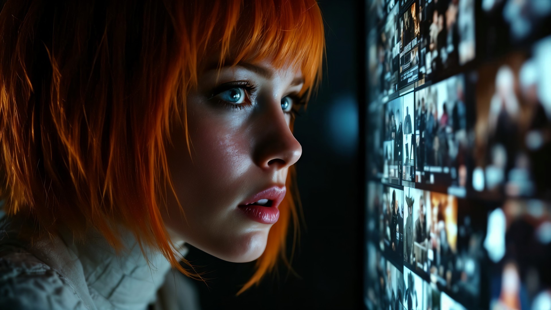Young woman with orange hair focused on a screen