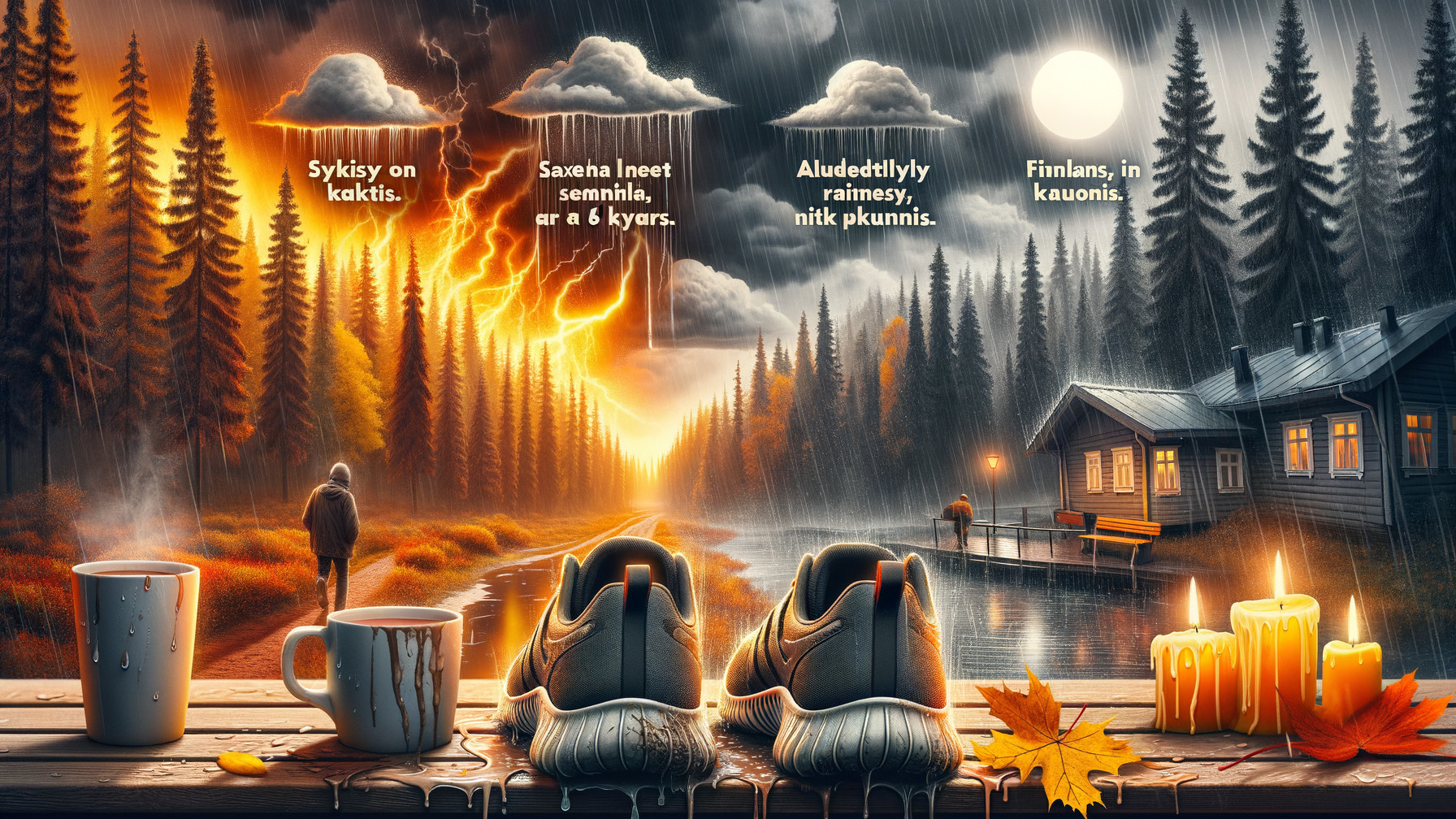 Cozy Cabin by Lake in Autumn Rainy Landscape