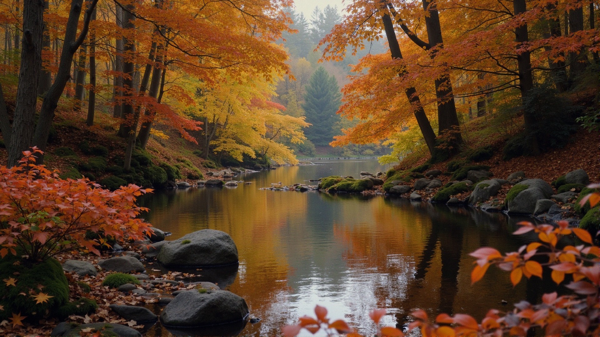 Autumn River Scene with Colorful Foliage and Mist