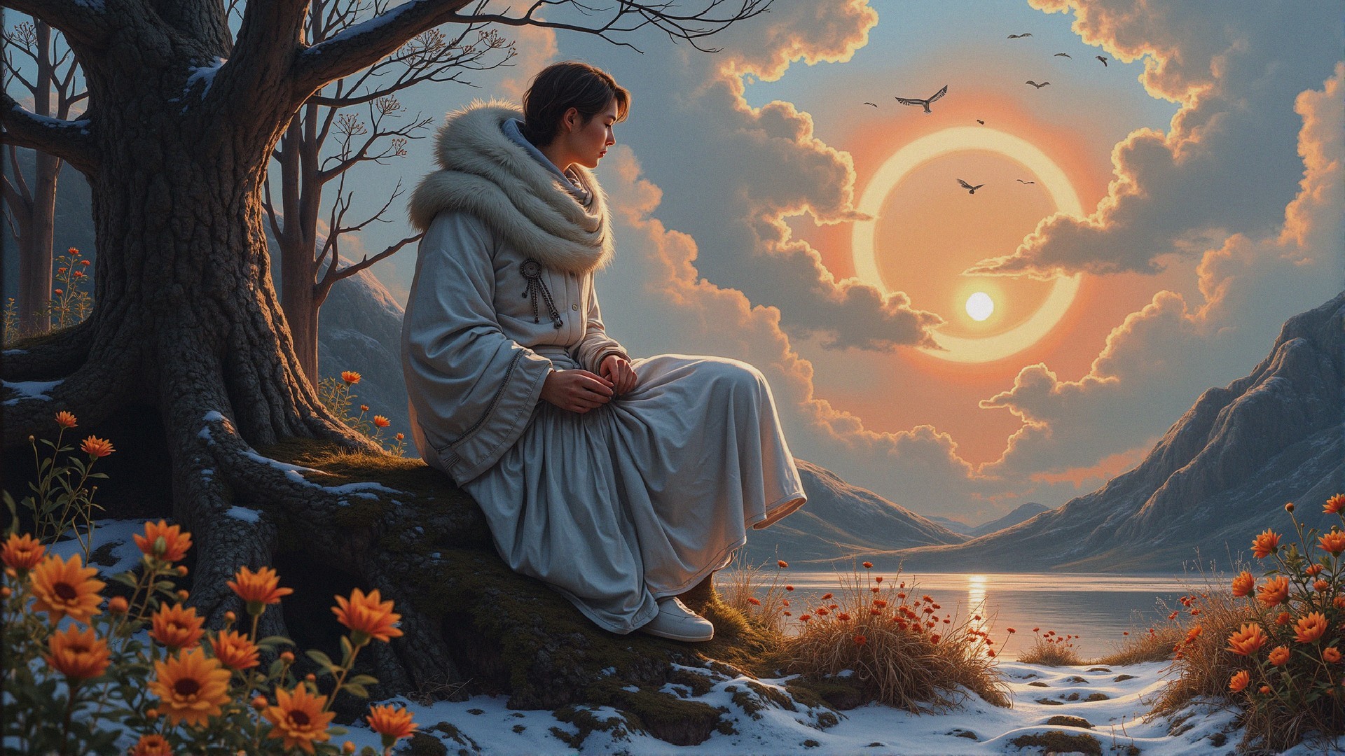 Serene landscape with figure by tranquil lake at sunset