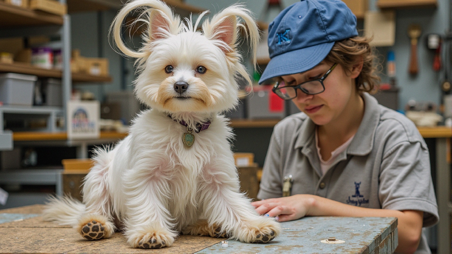 Fluffy white dog on a wooden table with blue eyes