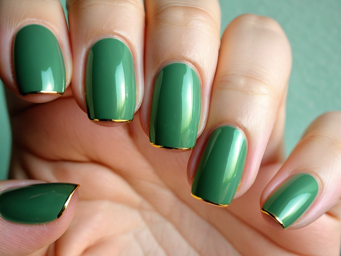 Close-Up of Stylish Green Manicured Nails with Gold Tips