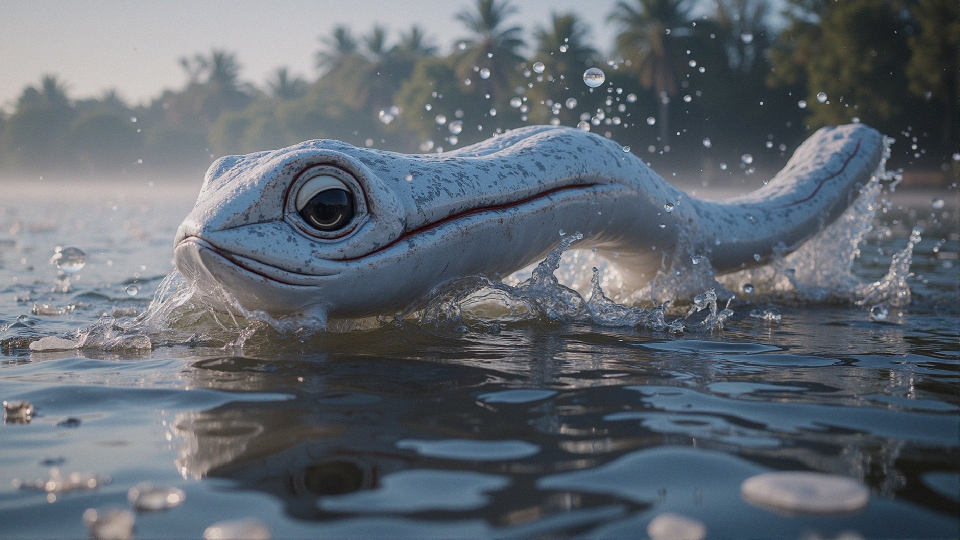 Hybrid Fish-Snake Creature in Calm Morning Waters