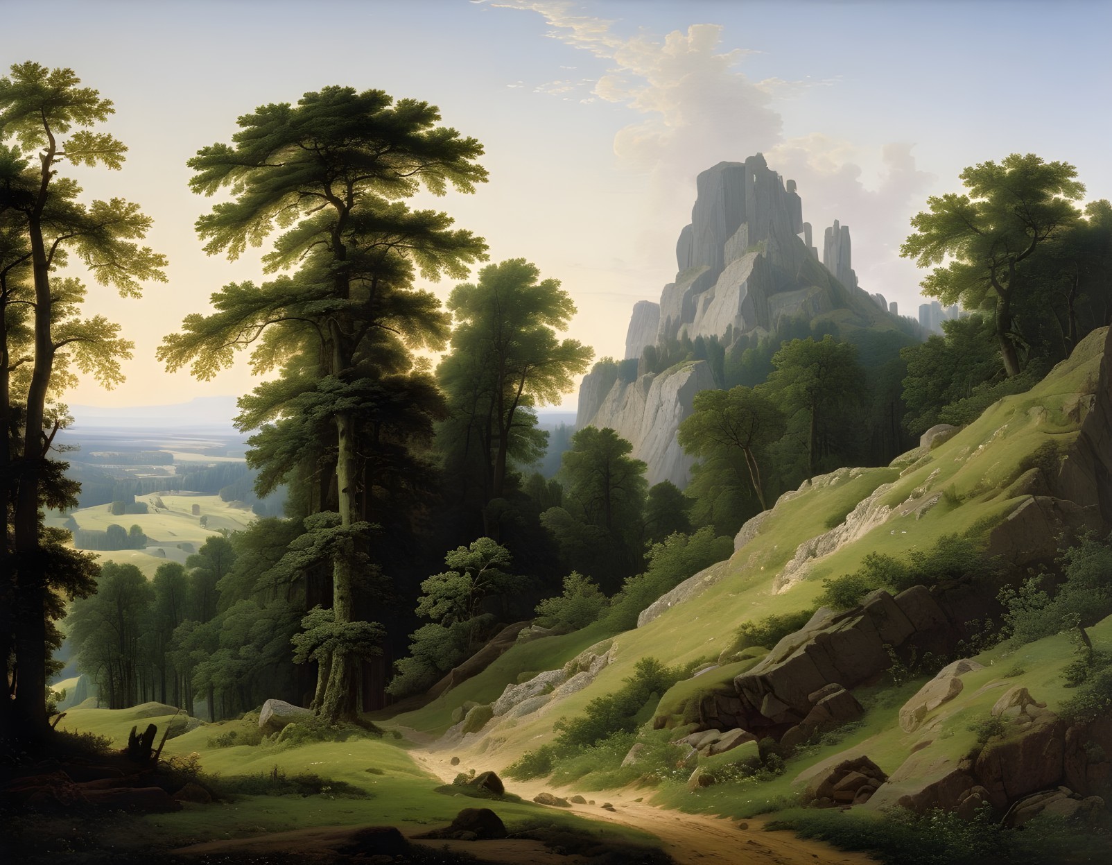 Serene Landscape with Trees, Mountains, and Valley