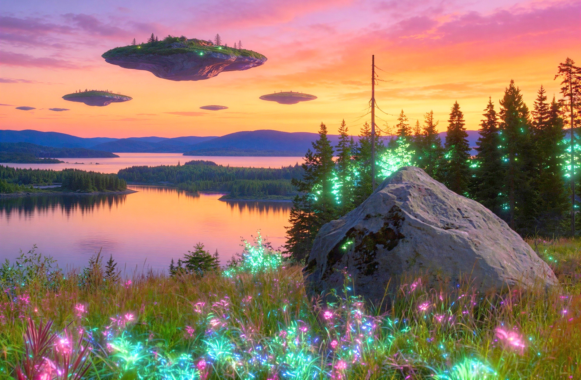 Surreal Sunset Landscape with Floating Landmasses