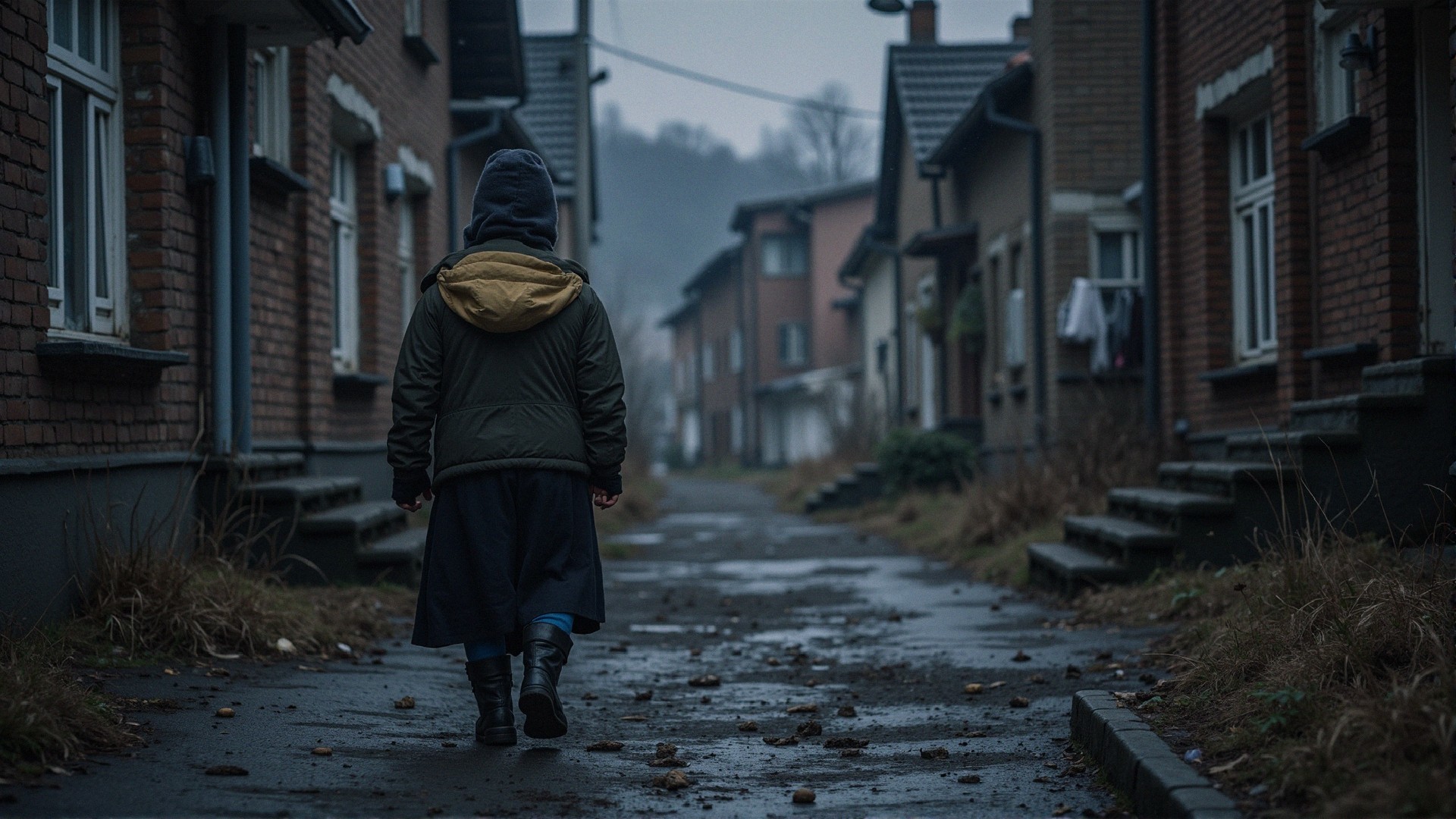 Solitary Figure on a Foggy Street with Brick Houses