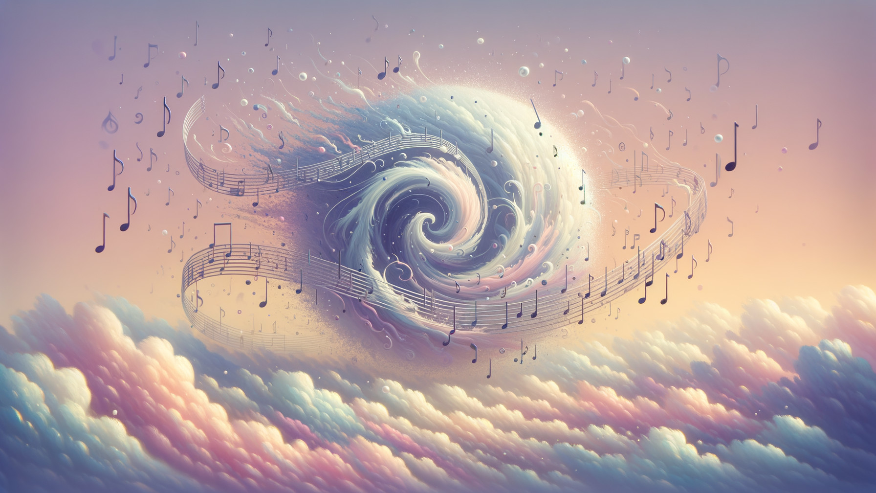 Whimsical Vortex of Pastel Clouds and Musical Notes