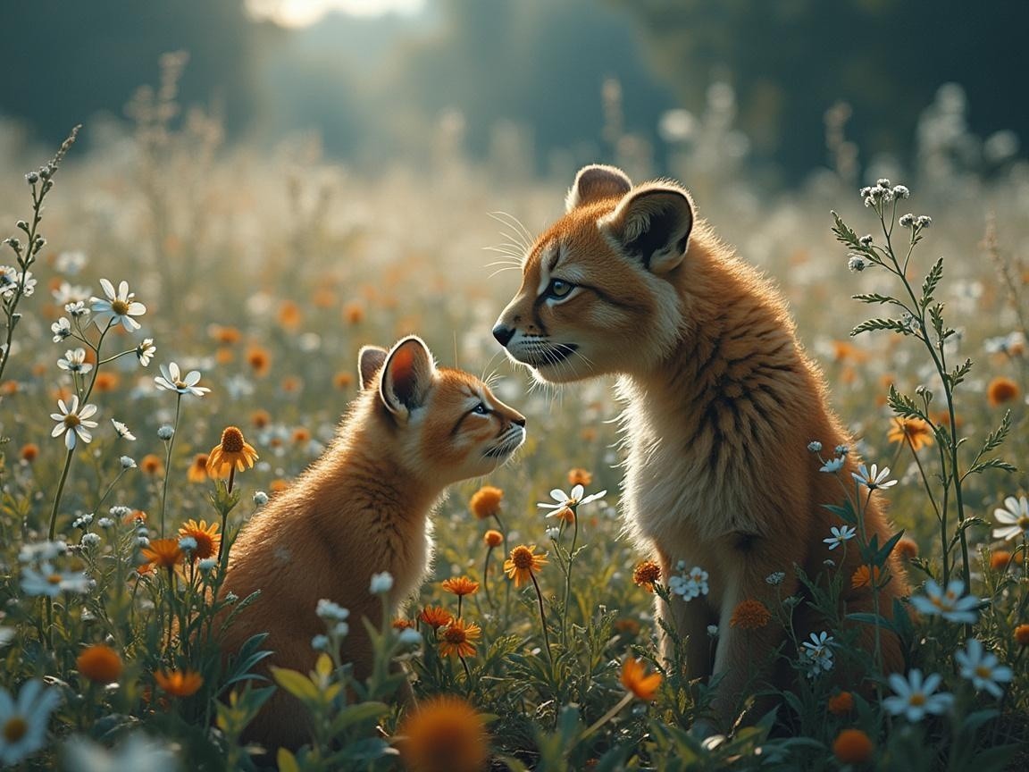 Foxes in a Sunlit Meadow with Wildflowers